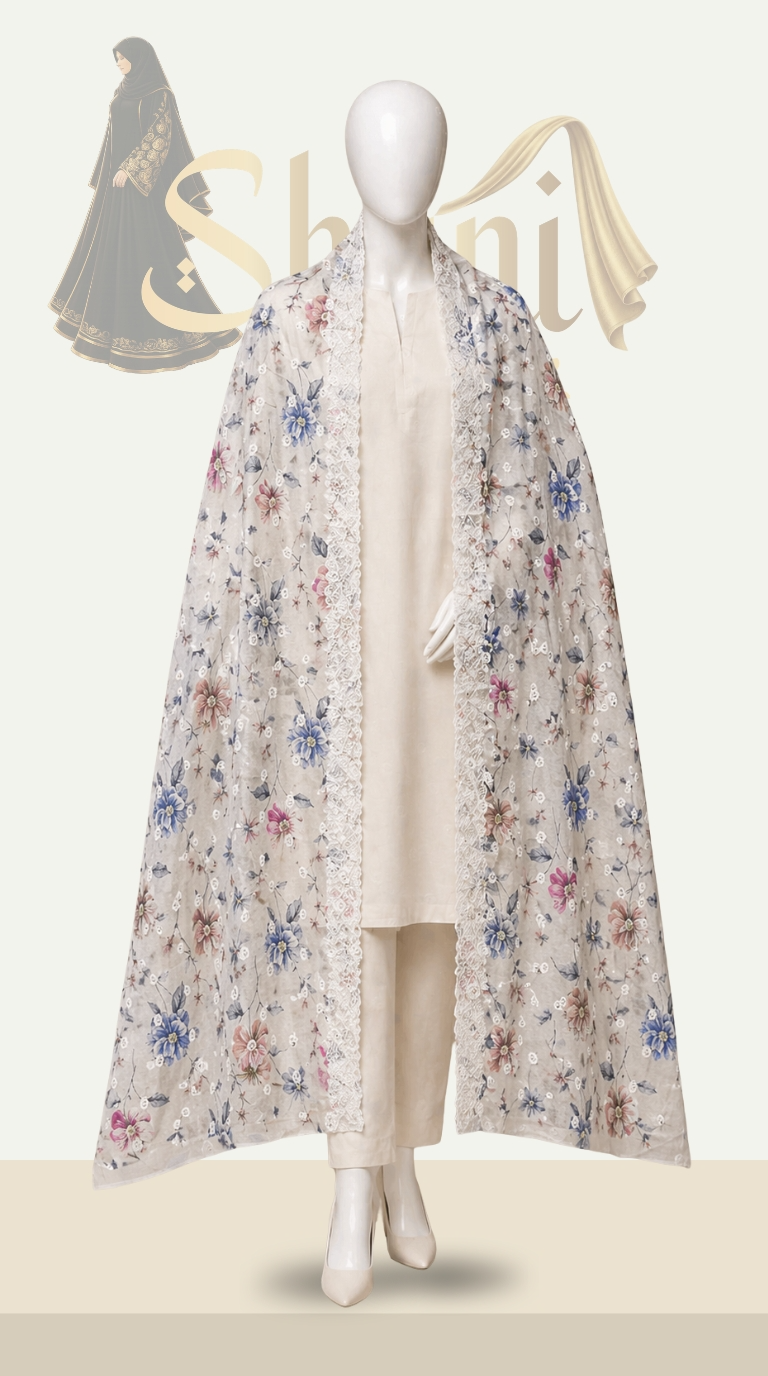 Border Embroidery Lawn Shawl (Printed Soft Stylish Shawl for Women) (Blue) - Image 1